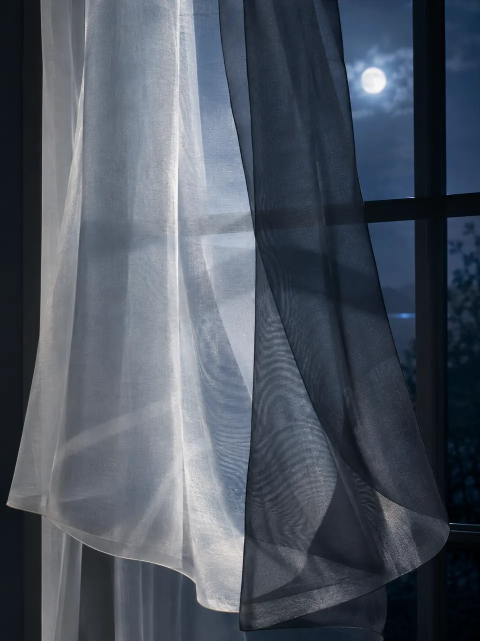 Zwei Bahnen aus durchscheinendem Organza überlappen sich vor einem mondbeschienenen Fenster