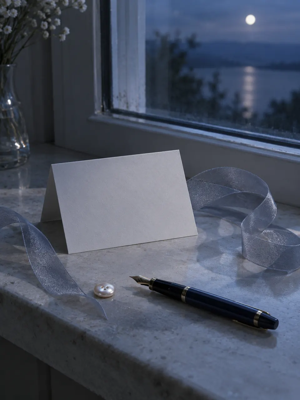 A folded note card with an organza ribbon and a pearl-tone button on a windowsill