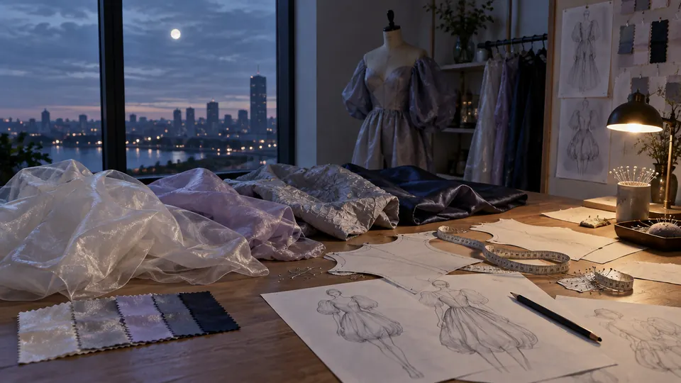 A design table with organza, taffeta and satin swatches, pattern pieces and sleeve sketches by a window at dusk
