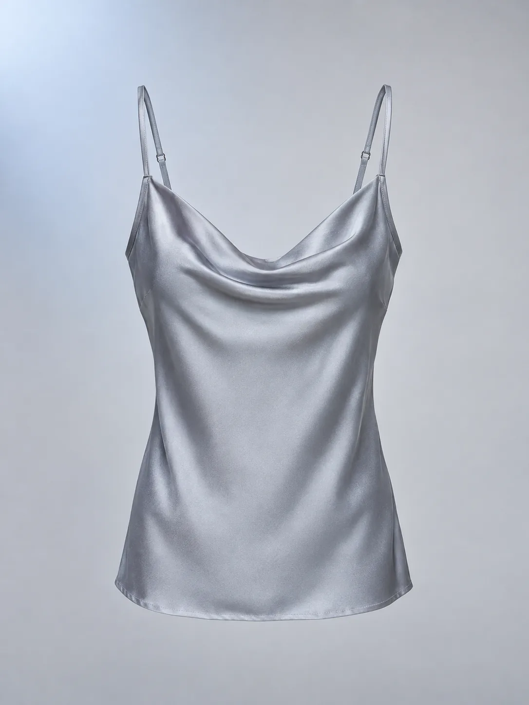 Cowl Satin Cami in Moon Grey, front view