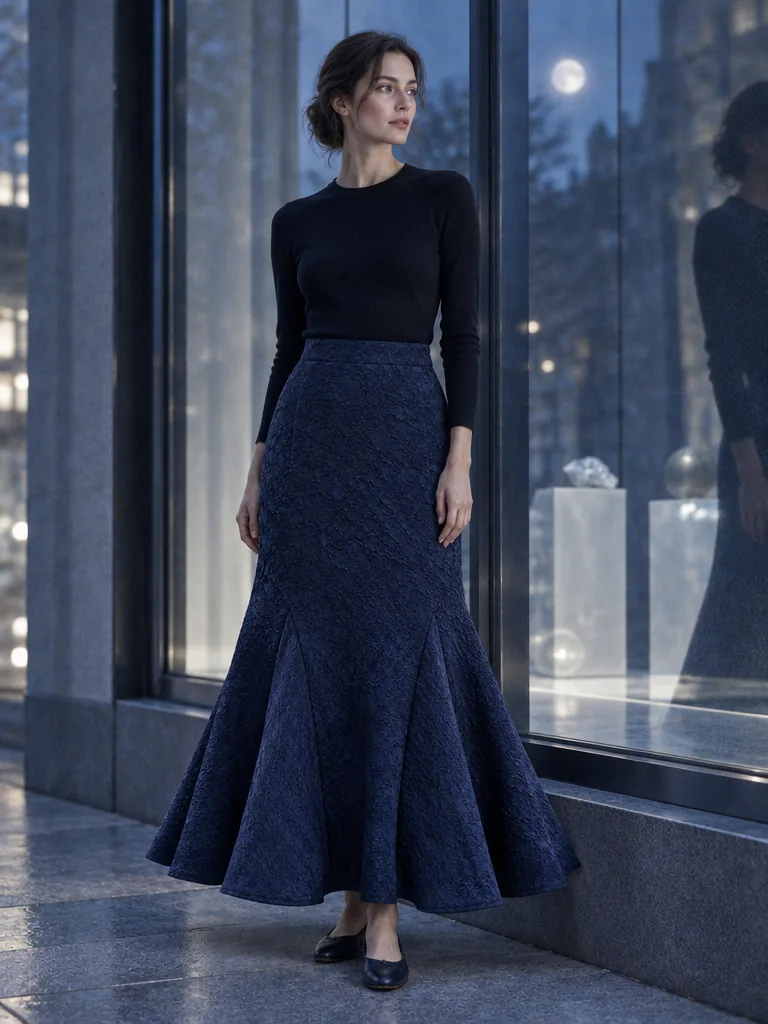 Current Godet Skirt in Ink Blue, worn