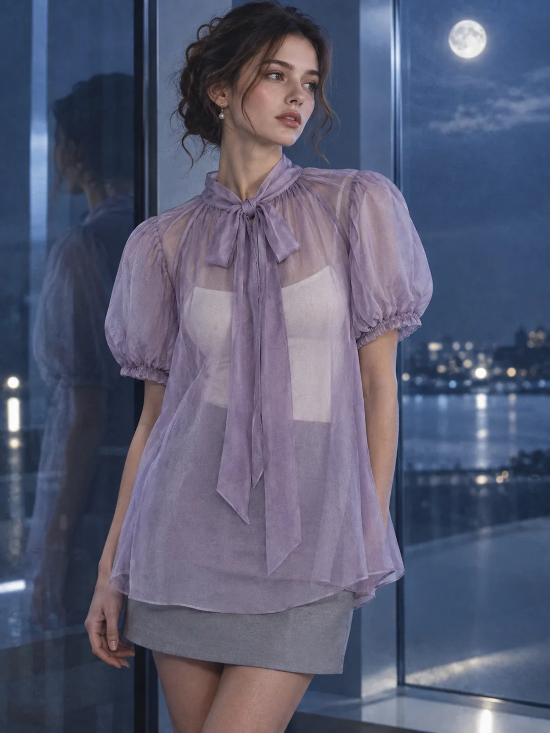 Drift Tie-Neck Shirt in Dusk Lilac, worn