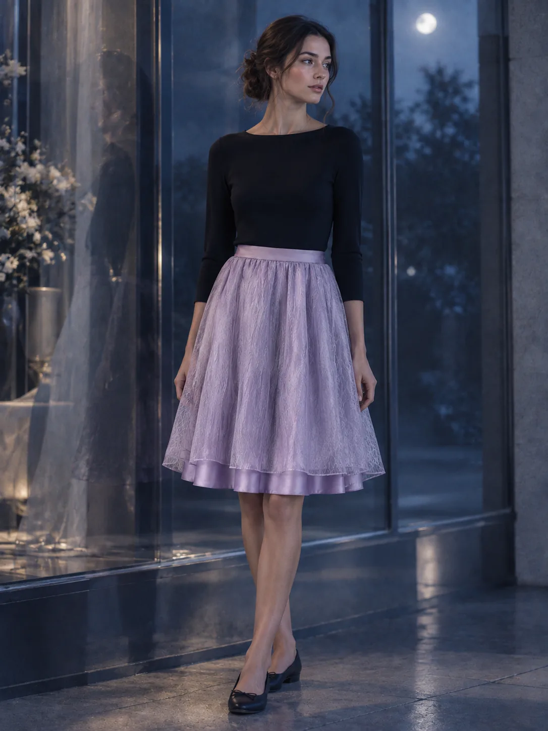 Echo Double-Layer Skirt in Dusk Lilac, worn