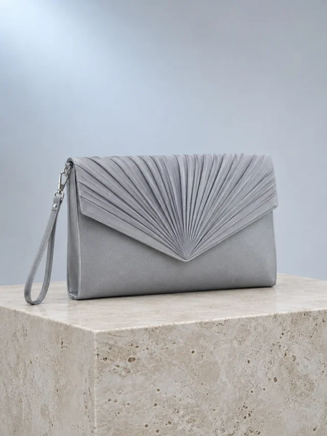 Fan Pleat Clutch in Moon Grey, front view