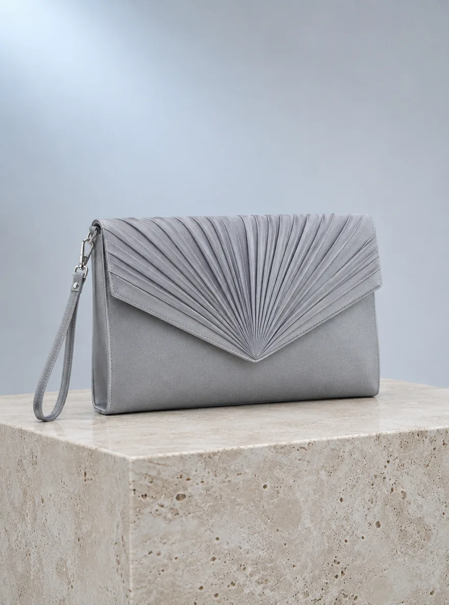 Fan Pleat Clutch in Moon Grey, front view