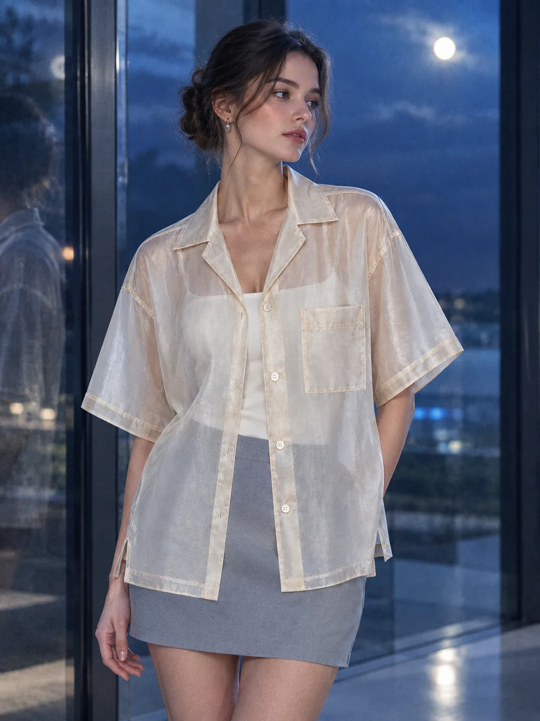 Glasshouse Boxy Shirt in Champagne, worn