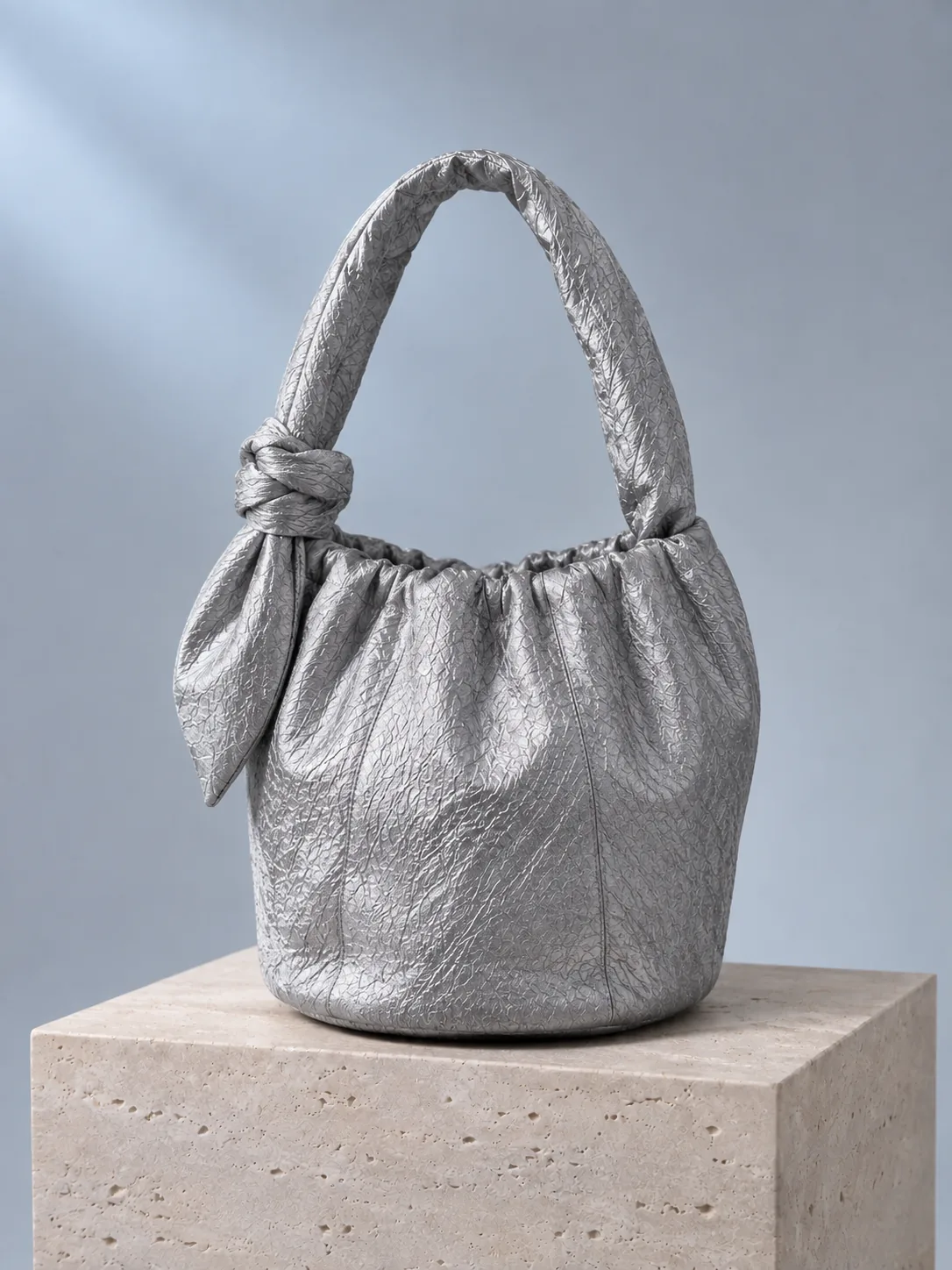 Knot Handle Bag in Silver Mist, back view