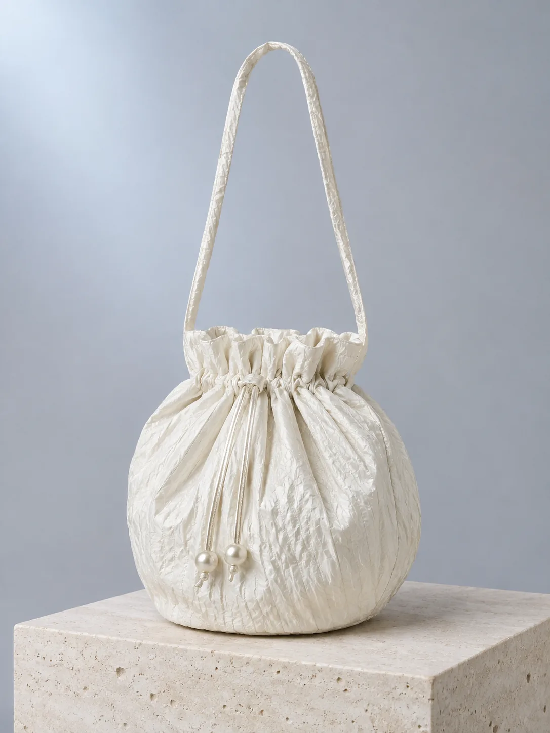 Lantern Bucket Bag in Pearl, front view