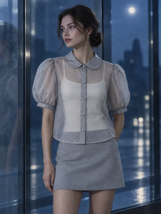 Lumen Crop Shirt in Moon Grey, worn