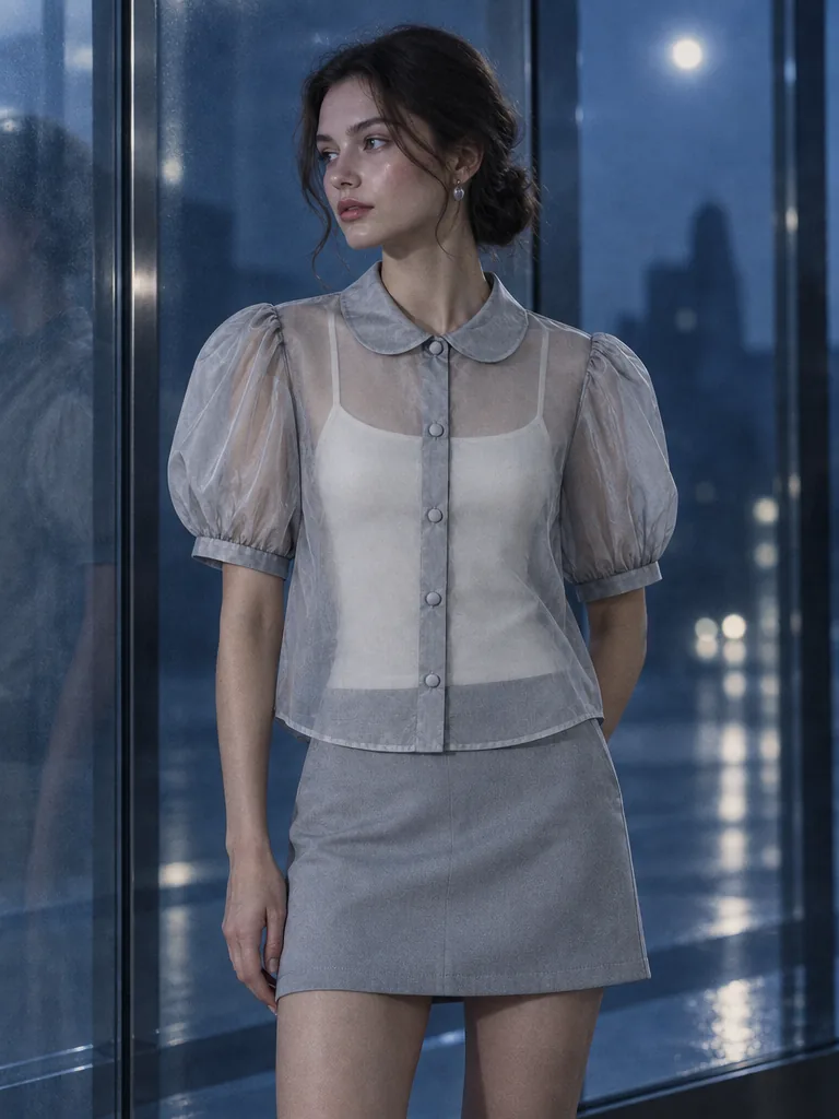 Lumen Crop Shirt in Moon Grey, worn