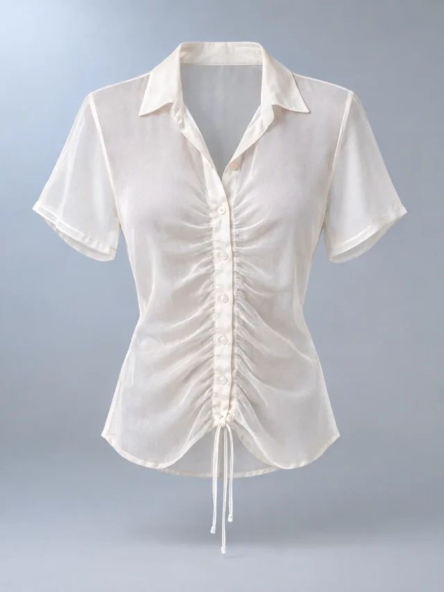 Mist Ruched Shirt in Pearl White, front view