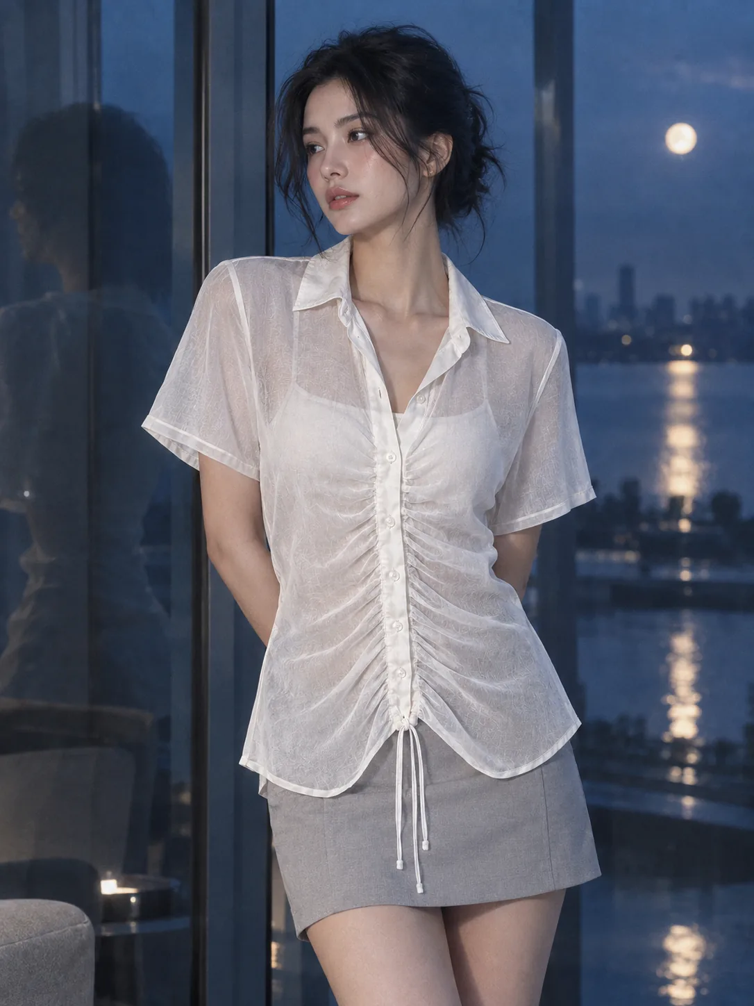 Mist Ruched Shirt in Pearl White, worn