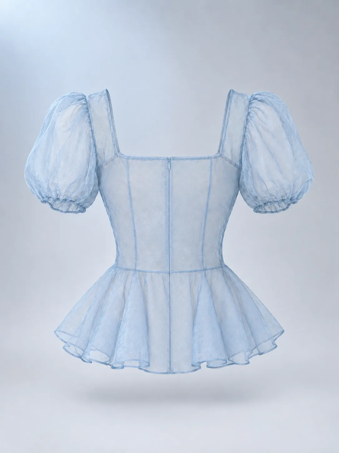 Moonrise Peplum Shirt in Haze Blue, back view