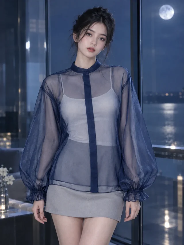 Nocturne Balloon-Sleeve Shirt in Ink Blue, worn