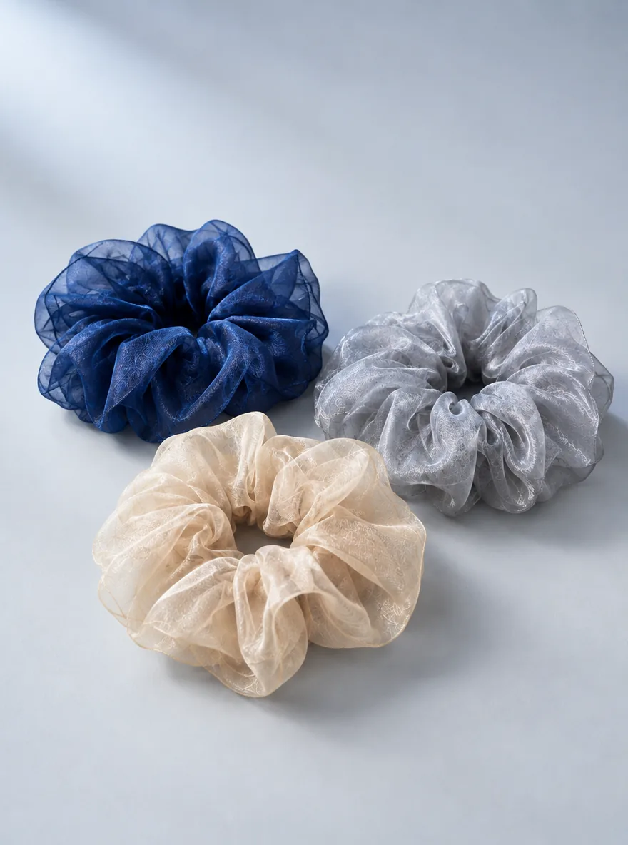 Organza Scrunchie Trio in Ink, Silver Mist, Champagne, back view