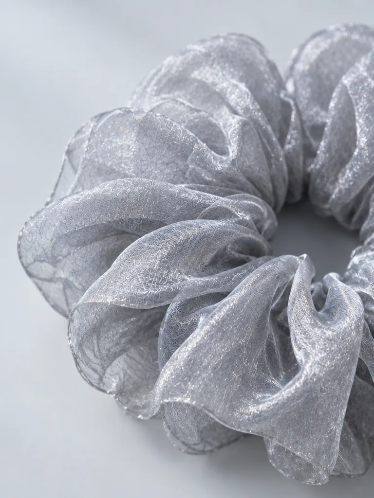 Organza Scrunchie Trio in Ink, Silver Mist, Champagne, detail