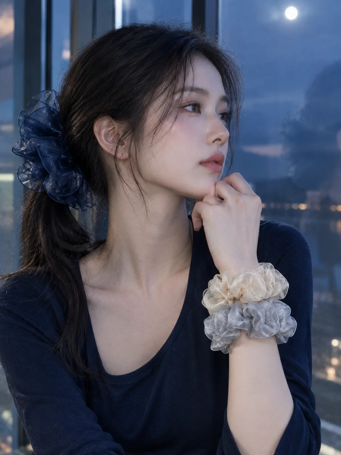 Organza Scrunchie Trio in Ink, Silver Mist, Champagne, worn