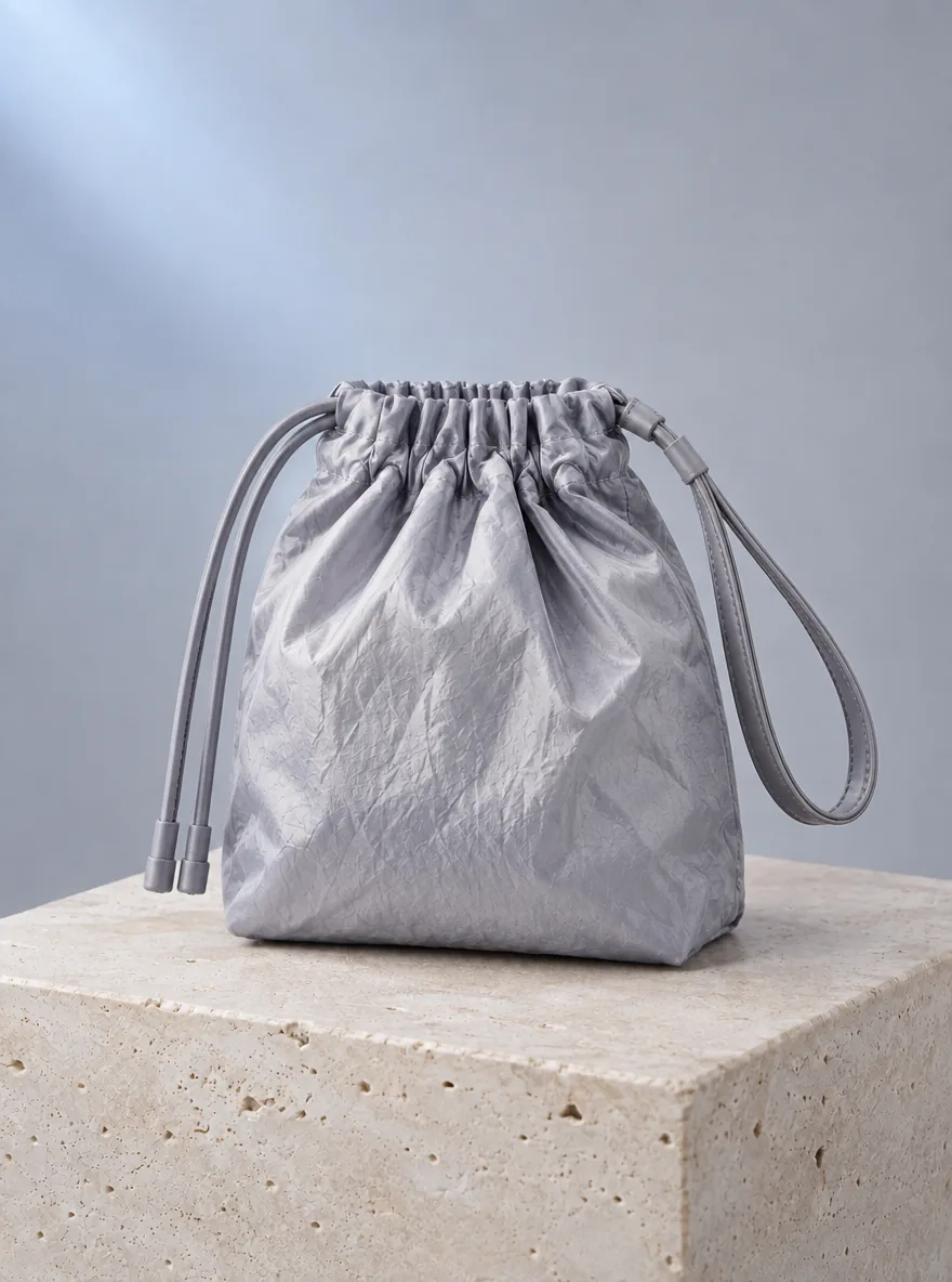 Pleat-Mouth Pouch Bag in Moon Grey, back view