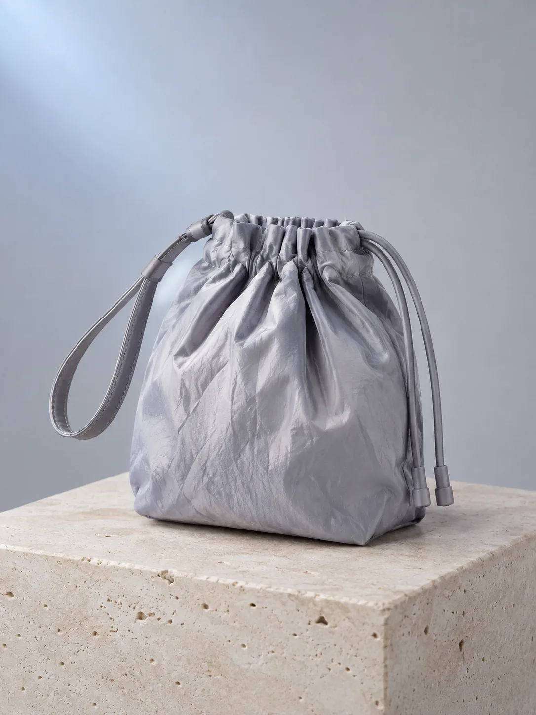 Pleat-Mouth Pouch Bag in Moon Grey, front view