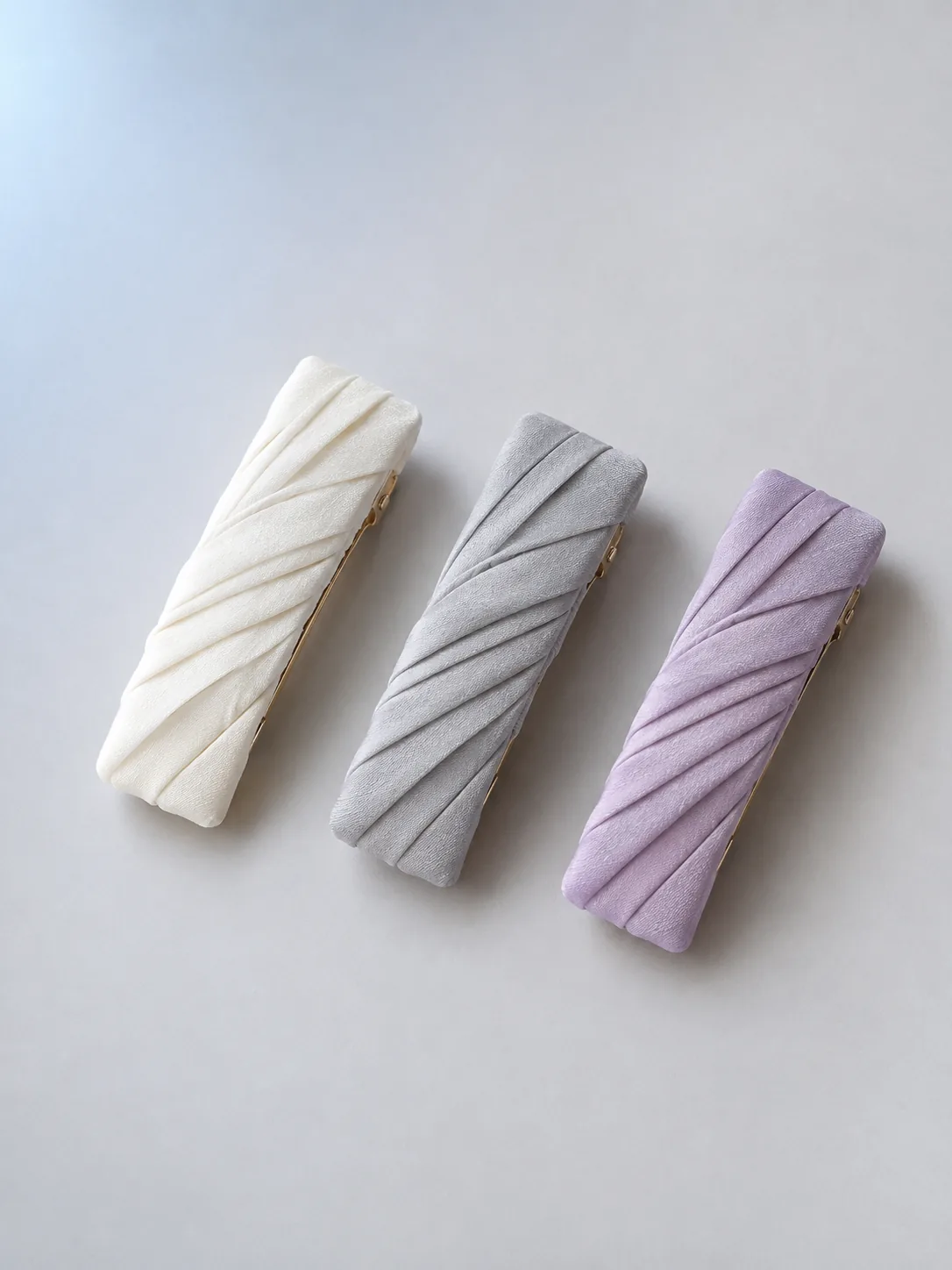Pleated Clip Set in Pearl, Moon Grey, Dusk Lilac, front view
