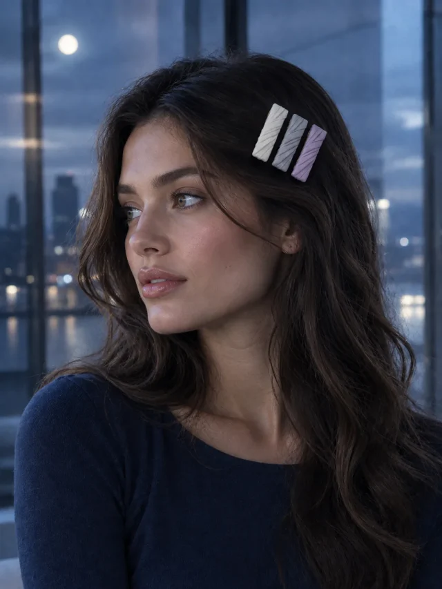Pleated Clip Set in Pearl, Moon Grey, Dusk Lilac, worn