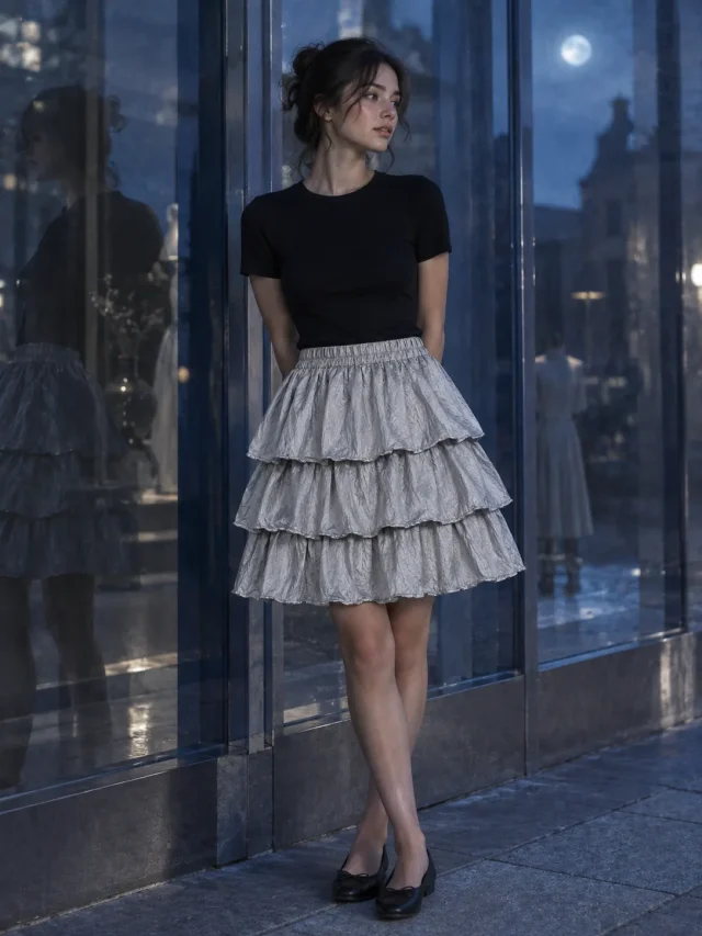 Ribbonwave Tier Skirt in Silver Mist, worn
