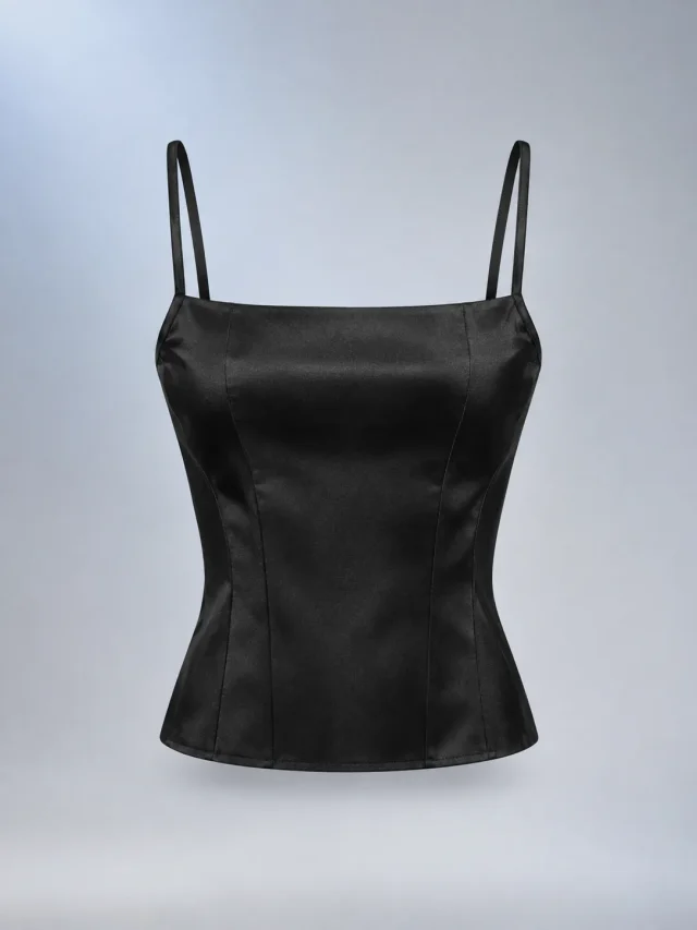 Seamed Satin Cami in Ink, front view