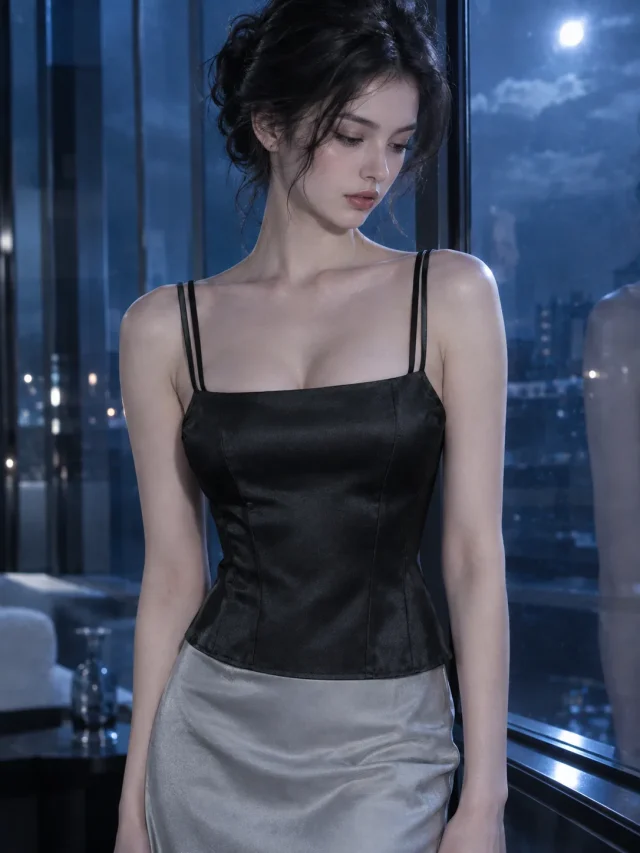 Seamed Satin Cami in Ink, worn
