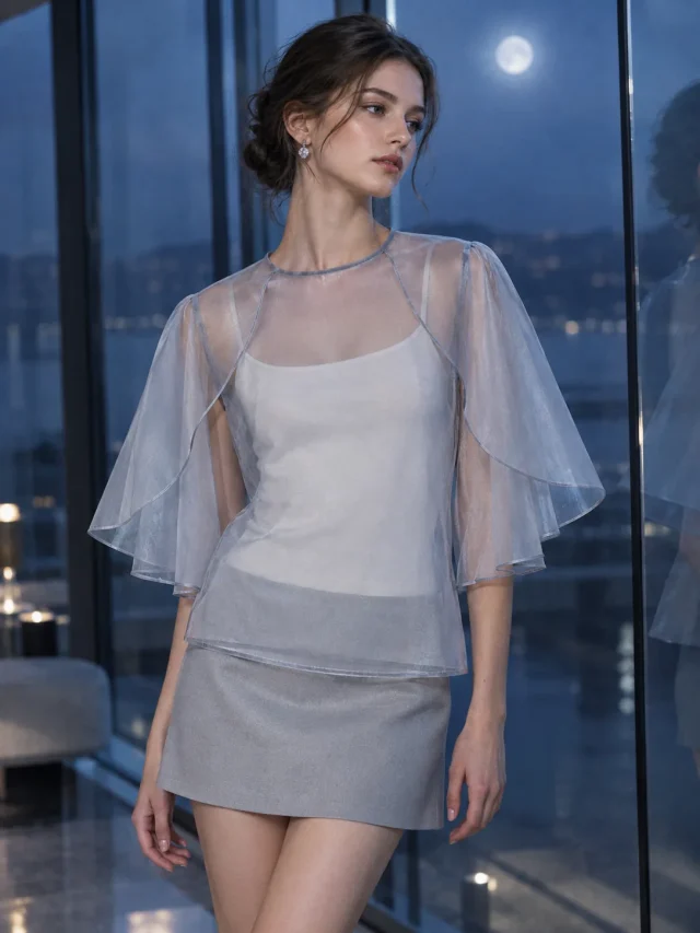 Selene Cape-Sleeve Top in Moon Grey, worn