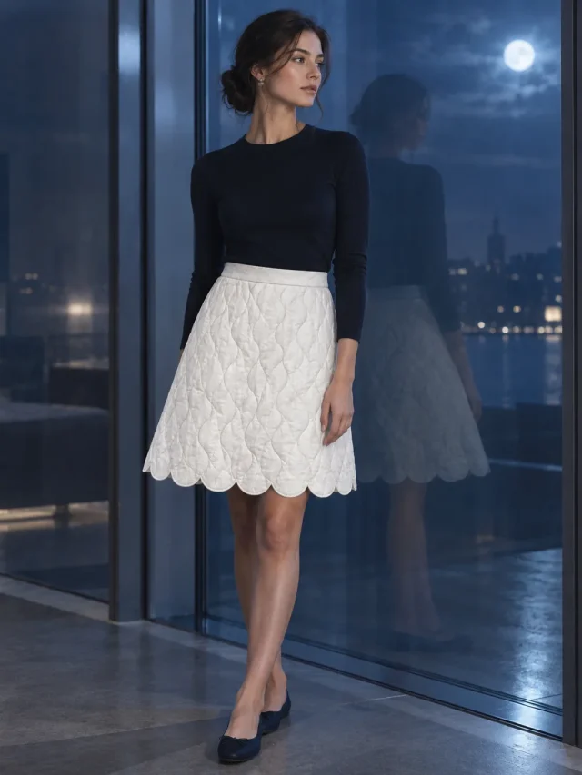 Shell Scallop Skirt in Pearl White, worn
