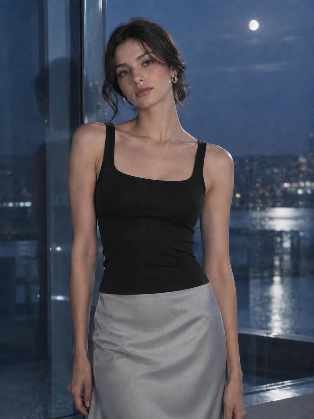 Square-Neck Jersey Cami in Ink, worn
