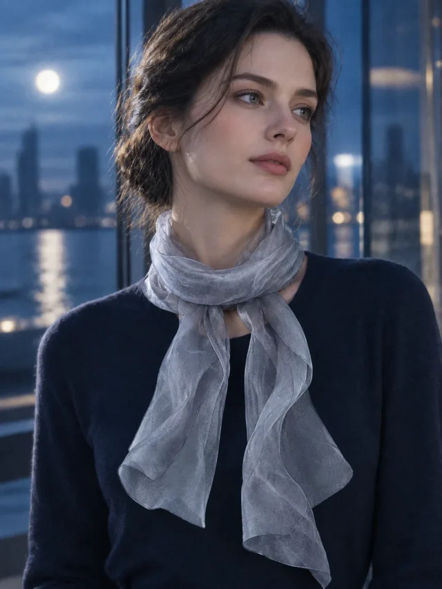 Veil Narrow Scarf in Moon Grey, worn