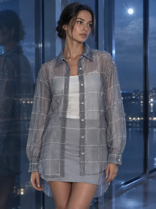 Windowpane Sheer Shirt in Smoke / Ivory, worn