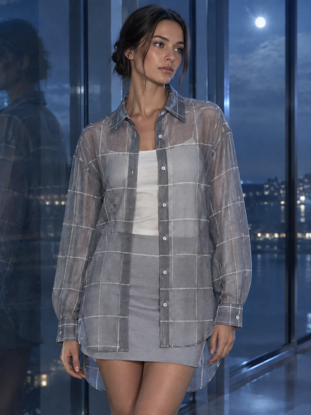 Windowpane Sheer Shirt in Smoke / Ivory, worn